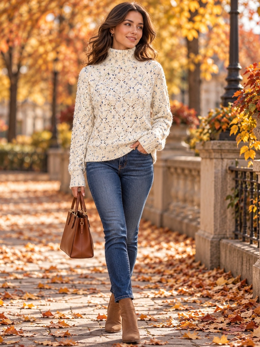 Melrose and Market Cream Speckled Mock Neck Cable Knit Sweater Size M